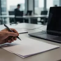 Ein Schreibtisch mit einem Stift und einem Laptop in einem professionellen Büroumfeld. - Foto: über boerse-global.de