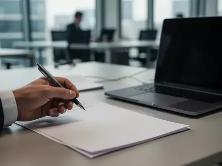 Ein Schreibtisch mit einem Stift und einem Laptop in einem professionellen Büroumfeld. - Foto: über boerse-global.de