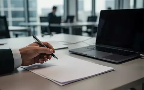 Ein Schreibtisch mit einem Stift und einem Laptop in einem professionellen Büroumfeld. - Foto: über boerse-global.de