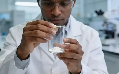 Wissenschaftler in einem modernen Labor bei der Untersuchung einer weißen chemischen Substanz in einem Glasbecher. - Foto: über boerse-global.de