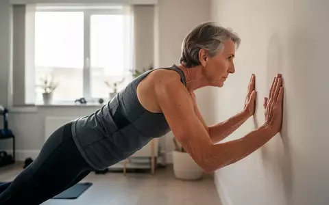 Eine Person mittleren Alters führt in einem hellen Raum konzentriert eine Wandliegestütze zur Fitnessüberprüfung aus. - Foto: über boerse-global.de