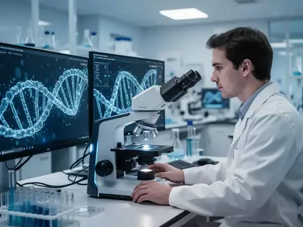 Ein Wissenschaftler arbeitet in einem modernen Labor an einem Computer, auf dem komplexe DNA-Strukturen visualisiert werden. - Foto: über boerse-global.de