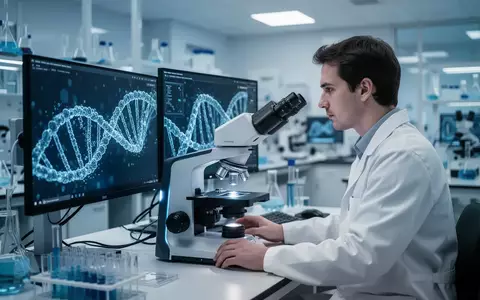 Ein Wissenschaftler arbeitet in einem modernen Labor an einem Computer, auf dem komplexe DNA-Strukturen visualisiert werden. - Foto: über boerse-global.de