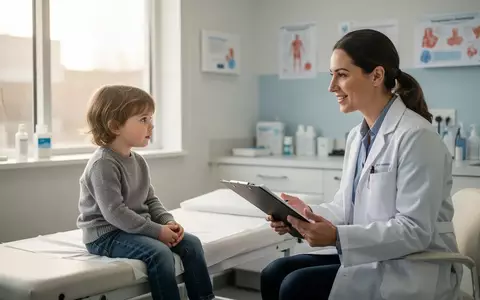 Ein Kinderarzt im Gespräch mit einem Kind während einer Vorsorgeuntersuchung in einer modernen Praxis. - Foto: über boerse-global.de