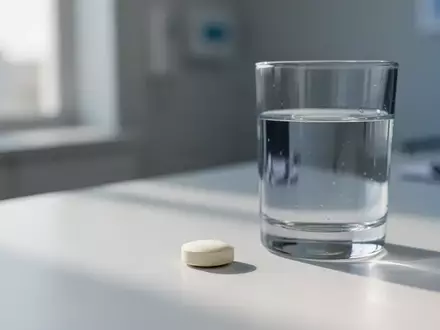 Eine einzelne medizinische Tablette liegt neben einem Glas Wasser auf einer sauberen, weißen Oberfläche in einer Arztpraxis. - Foto: über boerse-global.de