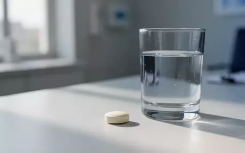 Eine einzelne medizinische Tablette liegt neben einem Glas Wasser auf einer sauberen, weißen Oberfläche in einer Arztpraxis. - Foto: über boerse-global.de