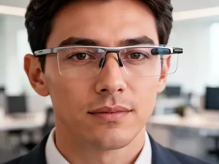 Eine Person trägt eine moderne, minimalistische Smart-Brille in einem hellen, professionellen Büro-Arbeitsplatz. - Foto: über boerse-global.de