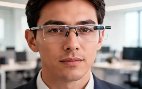 Eine Person trägt eine moderne, minimalistische Smart-Brille in einem hellen, professionellen Büro-Arbeitsplatz. - Foto: über boerse-global.de