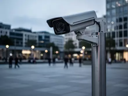 Eine moderne Überwachungskamera an einem Mast auf einem öffentlichen Platz bei Dämmerung. - Foto: über boerse-global.de