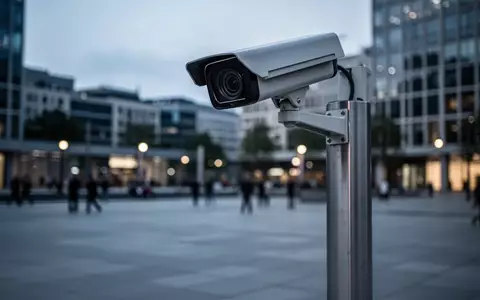 Eine moderne Überwachungskamera an einem Mast auf einem öffentlichen Platz bei Dämmerung. - Foto: über boerse-global.de