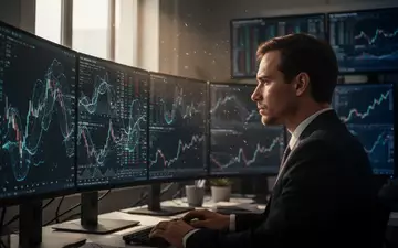 Ein Finanzexperte betrachtet konzentriert komplexe Marktdaten auf mehreren Monitoren in einem modernen Büro. - Foto: über boerse-global.de