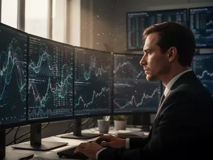 Ein Finanzexperte betrachtet konzentriert komplexe Marktdaten auf mehreren Monitoren in einem modernen Büro. - Foto: über boerse-global.de