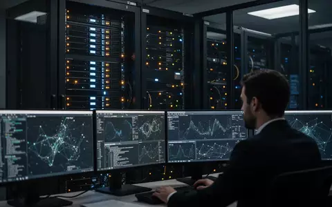 Cybersecurity-Analyst in einem dunklen Serverraum vor Monitoren mit komplexen Datenvisualisierungen. - Foto: über boerse-global.de