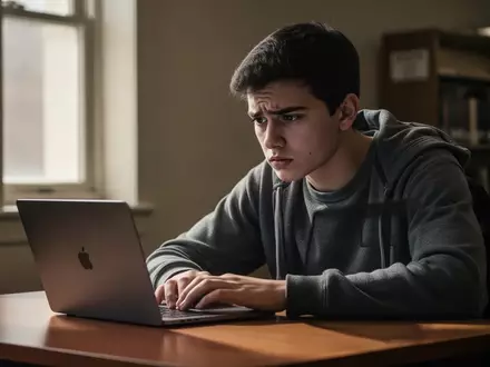 Eine besorgt wirkende Studentin sitzt an einem Laptop in einer Bibliothek. - Foto: über boerse-global.de