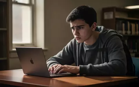Eine besorgt wirkende Studentin sitzt an einem Laptop in einer Bibliothek. - Foto: über boerse-global.de