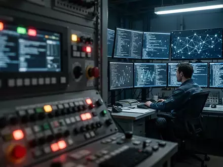 Ein technischer Kontrollraum mit einer SPS-Steuereinheit im Vordergrund und Monitoren, die komplexe Netzwerkkonfigurationen zeigen. - Foto: über boerse-global.de