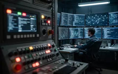 Ein technischer Kontrollraum mit einer SPS-Steuereinheit im Vordergrund und Monitoren, die komplexe Netzwerkkonfigurationen zeigen. - Foto: über boerse-global.de