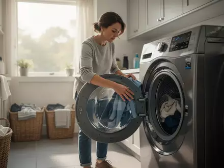 Person beim Befüllen einer modernen Waschmaschine in einem hellen, aufgeräumten Hauswirtschaftsraum. - Foto: über boerse-global.de