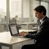 Eine Person arbeitet an einem Laptop an einem modernen Schreibtisch in einem hellen Büro. - Foto: über boerse-global.de