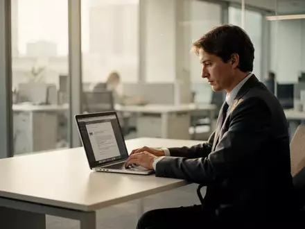 Eine Person arbeitet an einem Laptop an einem modernen Schreibtisch in einem hellen Büro. - Foto: über boerse-global.de