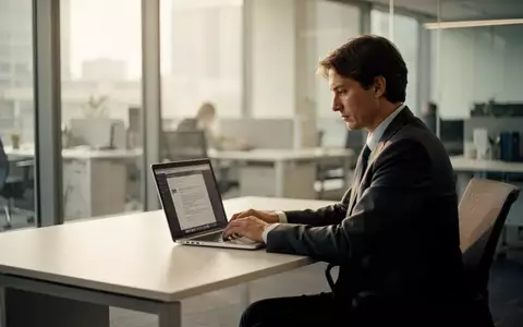 Eine Person arbeitet an einem Laptop an einem modernen Schreibtisch in einem hellen Büro. - Foto: über boerse-global.de