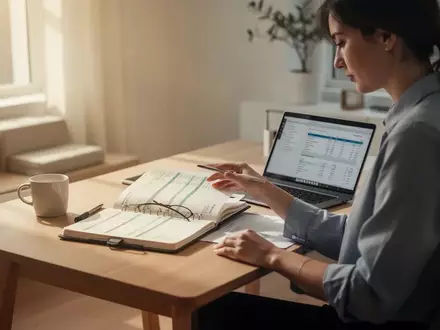 Eine Person sitzt an einem minimalistischen Schreibtisch und plant ihre finanzielle Altersvorsorge mit Notizen. - Foto: über boerse-global.de