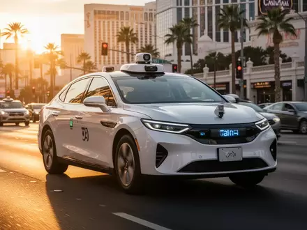 Ein autonomes Robotaxi fährt bei Sonnenuntergang durch eine moderne Stadtstraße in Las Vegas. - Foto: über boerse-global.de
