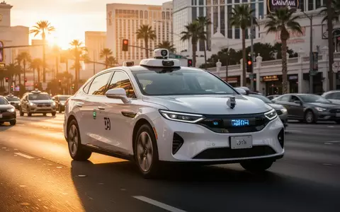 Ein autonomes Robotaxi fährt bei Sonnenuntergang durch eine moderne Stadtstraße in Las Vegas. - Foto: über boerse-global.de