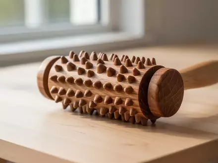 Ein hölzerner Igelball-Massageroller mit feinen Spitzen liegt auf einer hellen Holzoberfläche. - Foto: über boerse-global.de