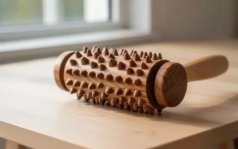 Ein hölzerner Igelball-Massageroller mit feinen Spitzen liegt auf einer hellen Holzoberfläche. - Foto: über boerse-global.de