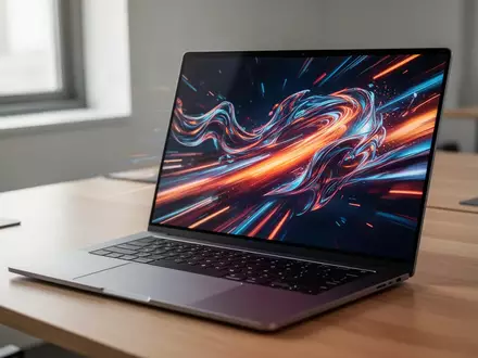 Ein hochwertiger Laptop mit dünnem Rahmen steht auf einem Schreibtisch und zeigt eine flüssige Grafik auf dem Display. - Foto: über boerse-global.de