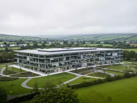 Moderner Apple-Standort in Irland in einer weitläufigen, grünen Landschaft bei bewölktem Himmel. - Foto: über boerse-global.de
