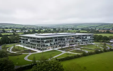 Moderner Apple-Standort in Irland in einer weitläufigen, grünen Landschaft bei bewölktem Himmel. - Foto: über boerse-global.de