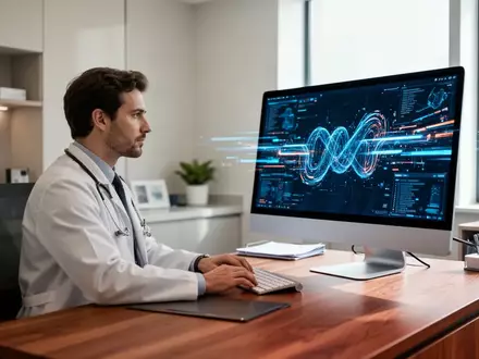 Ein Arzt arbeitet an einem modernen Computerarbeitsplatz in einer medizinischen Praxis mit digitaler Infrastruktur. - Foto: über boerse-global.de