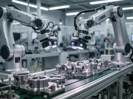 Ein moderner Industrieroboter mit optischen Sensoren bei der Qualitätskontrolle von mechanischen Bauteilen in einer Fabrik. - Foto: über boerse-global.de