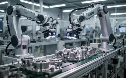 Ein moderner Industrieroboter mit optischen Sensoren bei der Qualitätskontrolle von mechanischen Bauteilen in einer Fabrik. - Foto: über boerse-global.de