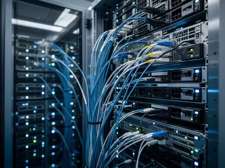 Nahaufnahme von modernen Server-Racks in einem Rechenzentrum mit blauer Beleuchtung. - Foto: über boerse-global.de