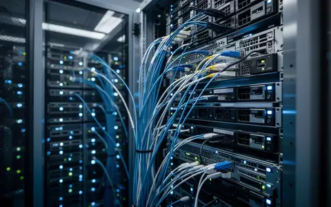 Nahaufnahme von modernen Server-Racks in einem Rechenzentrum mit blauer Beleuchtung. - Foto: über boerse-global.de