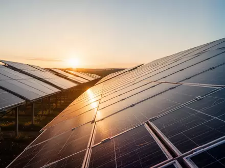 Moderne Solarpark-Anlage mit Photovoltaik-Modulen bei Sonnenuntergang. - Foto: über boerse-global.de