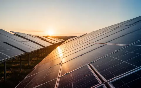 Moderne Solarpark-Anlage mit Photovoltaik-Modulen bei Sonnenuntergang. - Foto: über boerse-global.de