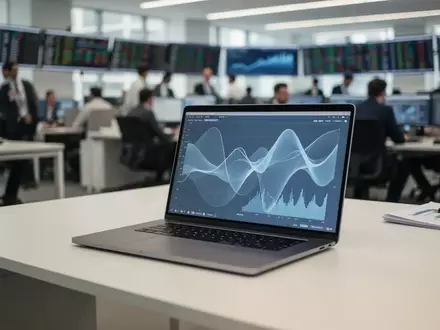 Moderner BĂŒroarbeitsplatz mit Laptop und abstrakten Datenvisualisierungen in einer Finanzumgebung. - Foto: ĂŒber boerse-global.de