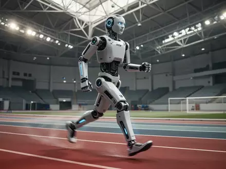 Ein hochmoderner humanoider Roboter läuft auf einer professionellen Leichtathletikbahn bei einem Wettbewerb. - Foto: über boerse-global.de