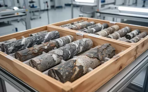 Geologische Gesteinsproben in Holzkisten in einem modernen Labor. - Foto: über boerse-global.de