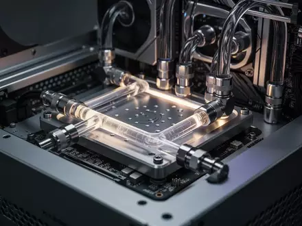 Detailaufnahme eines hochwertigen, wassergekühlten PC-Gehäuses mit komplexen Kühlkomponenten und präziser Hardware. - Foto: über boerse-global.de