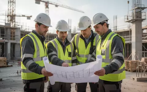 Bauarbeiter auf einer deutschen Baustelle bei der Besprechung eines Bauplans. - Foto: über boerse-global.de