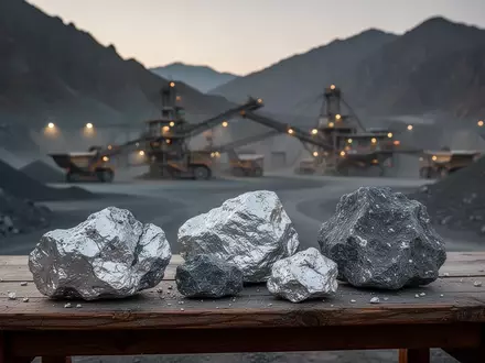 Rohsilbererz liegt auf einem Holztisch vor einer verschwommenen Bergbauanlage in einer Berglandschaft. - Foto: über boerse-global.de