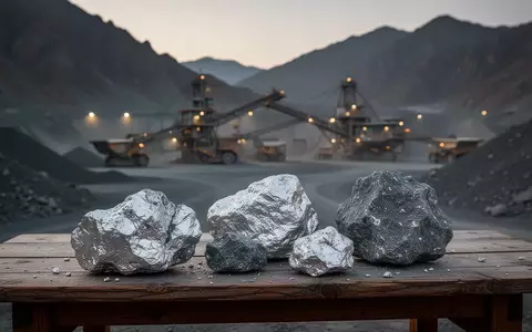 Rohsilbererz liegt auf einem Holztisch vor einer verschwommenen Bergbauanlage in einer Berglandschaft. - Foto: über boerse-global.de