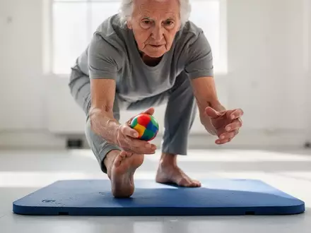 Eine Person trainiert Gleichgewicht und Koordination durch eine Übung, bei der sie gleichzeitig balanciert und einen Ball hält. - Foto: über boerse-global.de