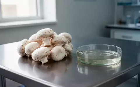 Weiße Champignons neben einer Petrischale mit einem Extrakt in einem modernen medizinischen Forschungslabor. - Foto: über boerse-global.de