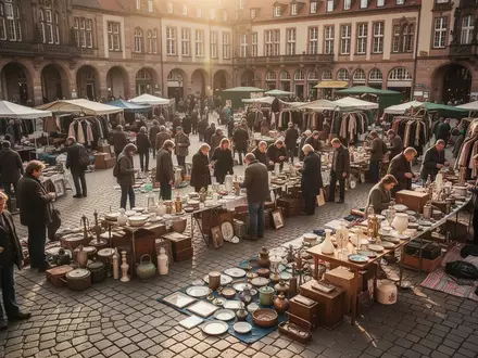 Menschen beim Stöbern an Verkaufsständen auf einem belebten Flohmarkt in einer historischen Altstadt. - Foto: über boerse-global.de